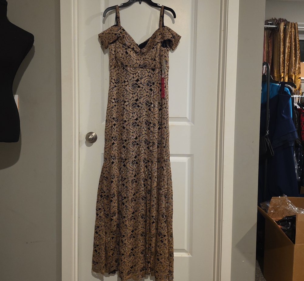 R & M Richards Gold Lace Off-Shoulder Maxi Gown